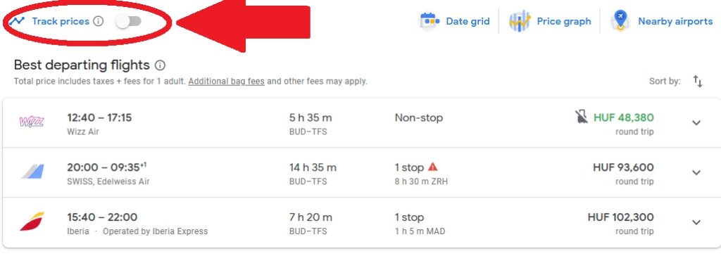 Google repülőjegyár értesítő BUD-TFS